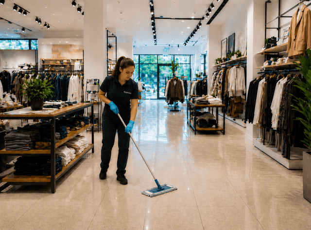 brightside cleaning cleaner working on the retail shop floor cleaning duties